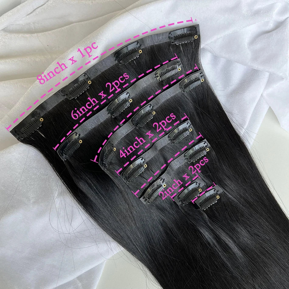 Raw unprocessed 100g 7-piece seamless clip-in human hair extensions, #1B natural black straight PU weft