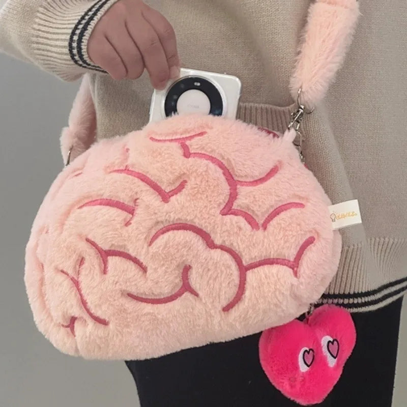 Y2K Cute Pink Love Brain Plush Shoulder Bags Funny Crossbody Bags Fashion Design Purse Cool Interesting Moving Ears Handbags Set