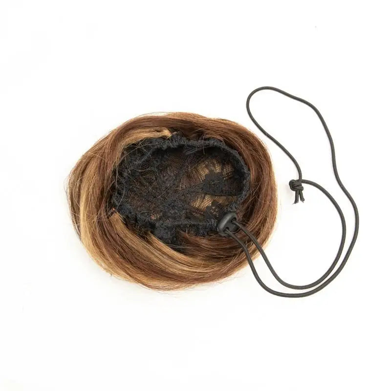 Brown blonde 6-inch human hair drawstring bun wig ponytail hairpiece for thinner hair by HSF Marketplace