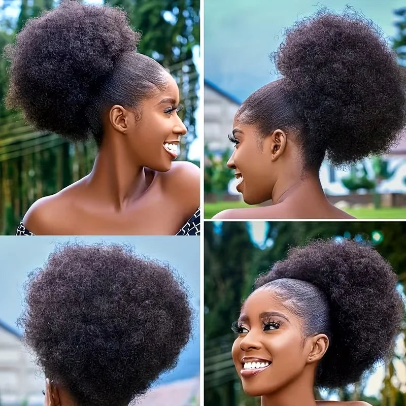 HSF Marketplace human hair afro curly drawstring ponytail wig with small fluffy curls and secure non-slip fit