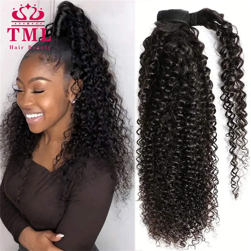Water wave wrap-around ponytail human hair extension in natural black, Brazilian virgin raw hair with clip-in attachment