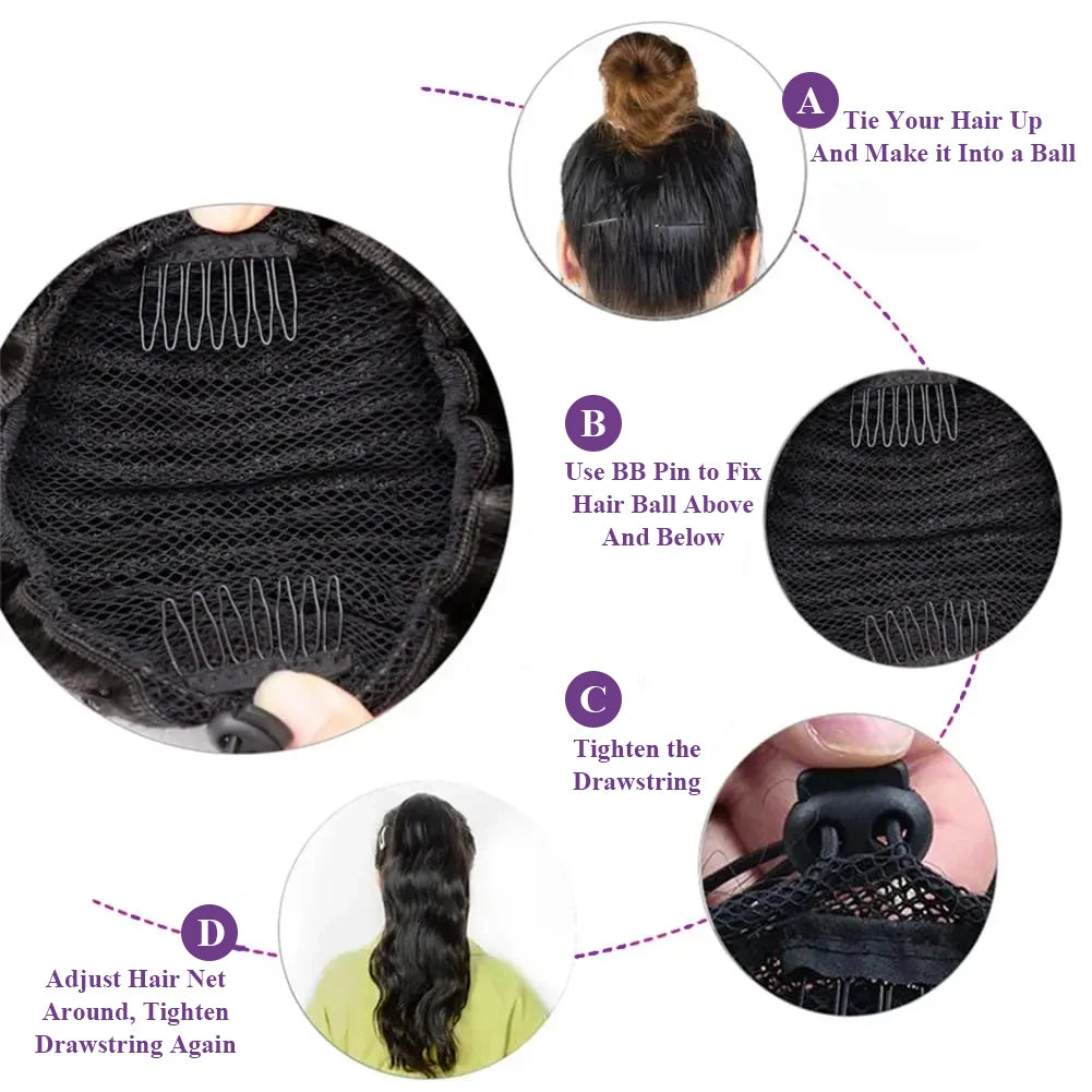 Natural black Brazilian human hair body wave drawstring ponytail extension with clip-in attachment by HSF Marketplace