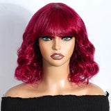 Short body wave bob human hair wig with bangs, ombre color, loose waves, natural Remy Brazilian hair, 100% human hair wig