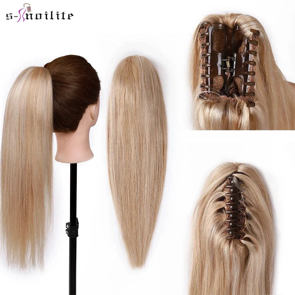 S-noilite ponytail human hair extension with claw clip, natural black, blonde and brown tones, 14–22 inches