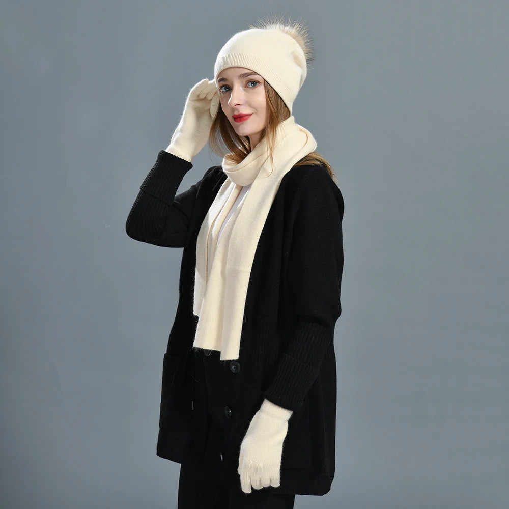 Women's warm cashmere wool winter hat, gloves, and scarf set by HSF Marketplace