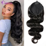 Body wave human hair drawstring ponytail extension in natural black, wrap-around clip-in style, 16–26 inches
