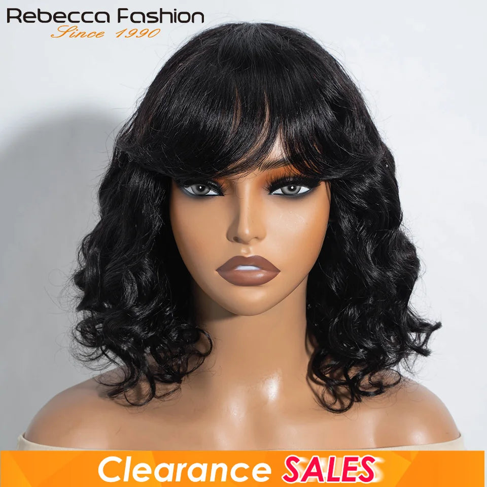 Natural black short body wave bob wig with bangs, ombre color, loose wave style, made from human Remy Brazilian hair.