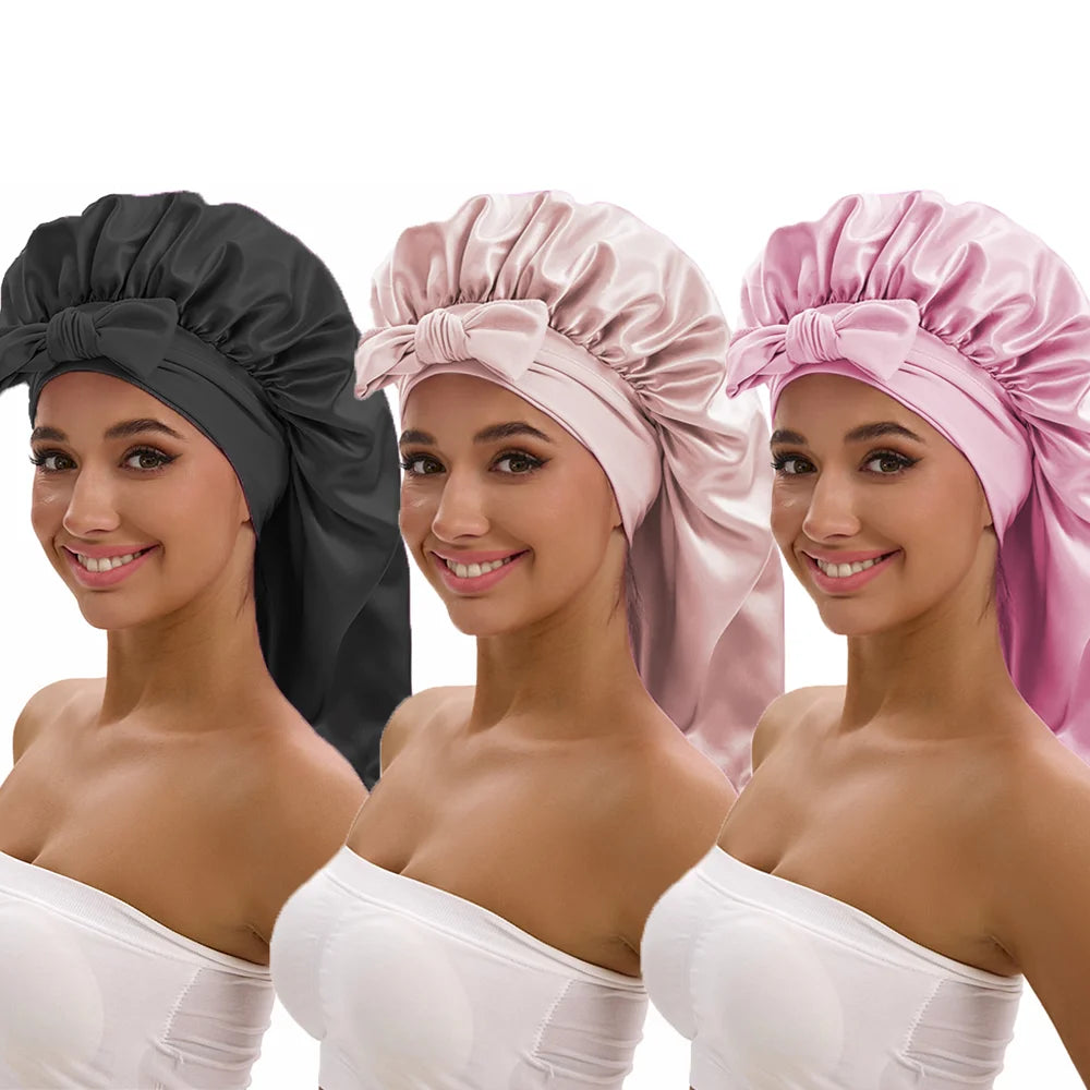 HSF Marketplace 3-piece satin long bonnet set with wide brim and bow tie for everyday hair styling