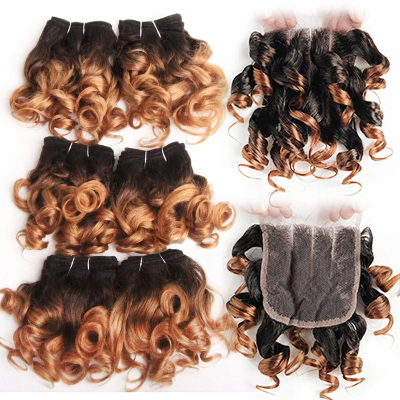 Bouncy Curly Human Hair Bundles With Closure Brazilian Remy Unprocessed Human Hair Wavy Doule Drawn Bundles Weave Extensions