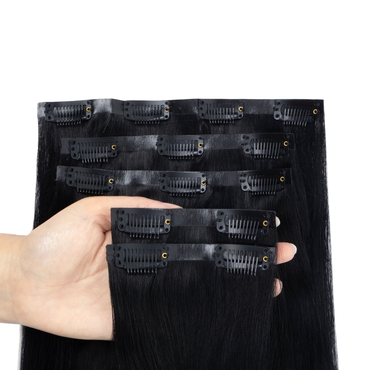 Invisible PU clip-in human hair extensions, 7-piece set with injected PU tape weft, 12–24 inch, 100–120g
