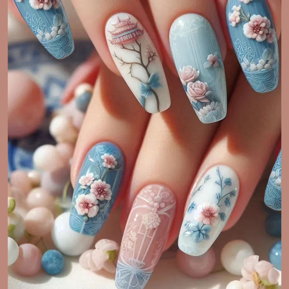 HSF Marketplace 24-piece short almond press-on nails with pink floral French tips, glossy full-cover finish
