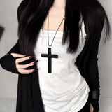 Black Gothic wood cross pendant necklace for women, featuring a punk Y2K hip hop style choker with red and white accents.