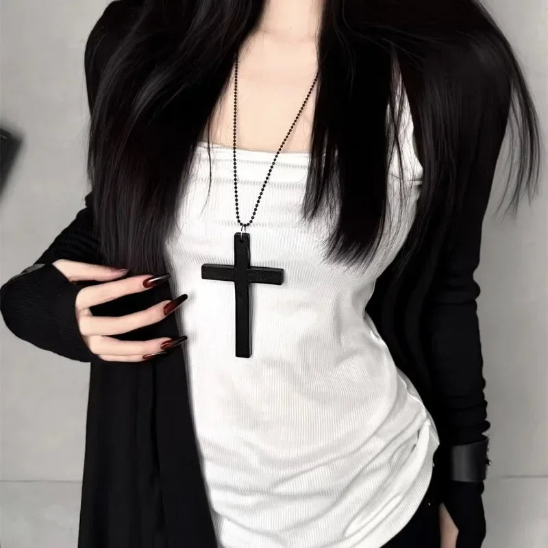 Black Gothic wood cross pendant necklace for women, featuring a punk Y2K hip hop style choker with red and white accents.