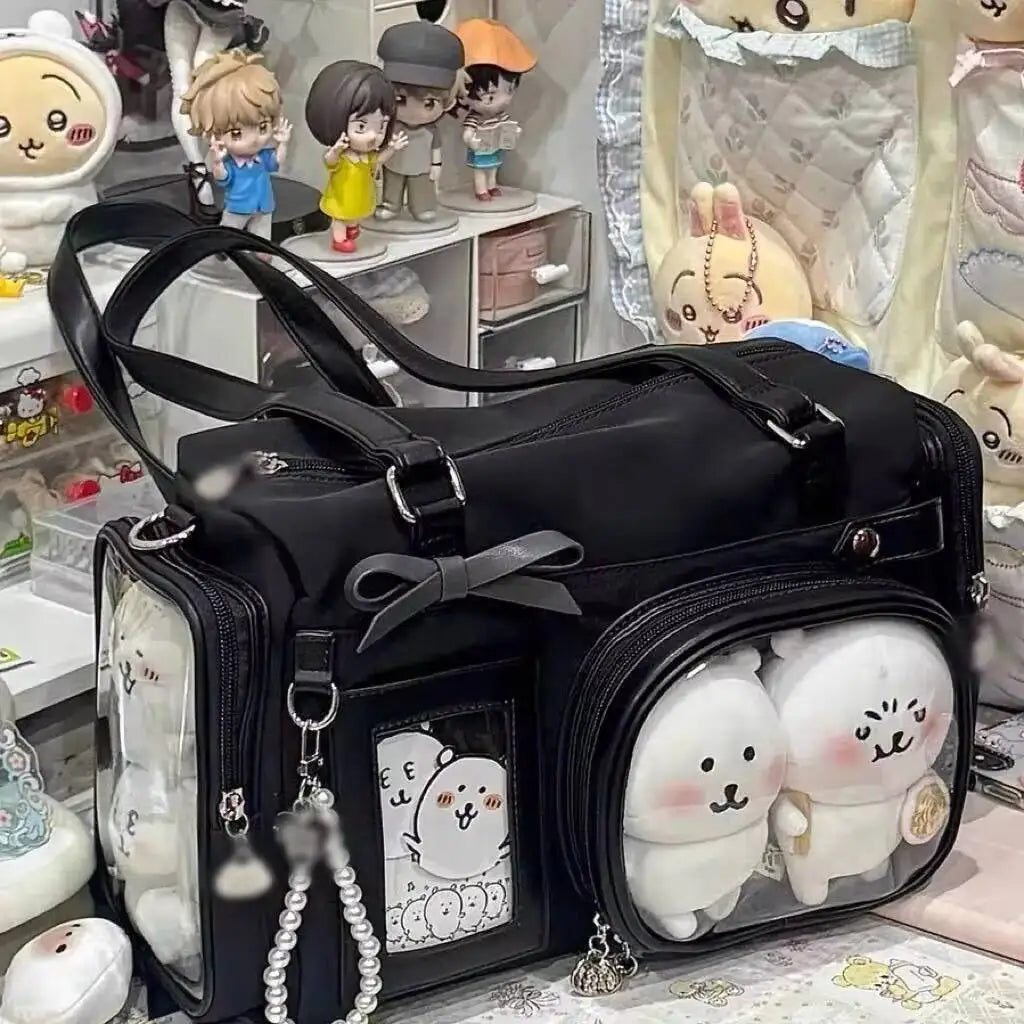 Y2K New Bow Ita shoulder handbag by HSF Marketplace, transparent bag with large capacity, cute comic design, crossbody style.