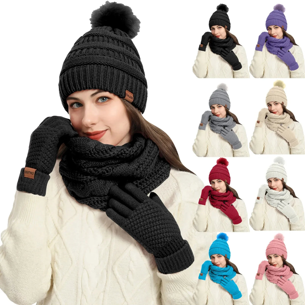 Women's winter hat, scarf, and gloves set with faux fur ball by HSF Marketplace