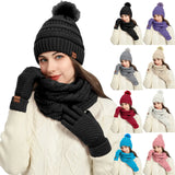 Women's winter hat, scarf, and gloves set with faux fur ball by HSF Marketplace
