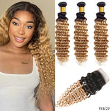 DreamDiana 12A Brazilian Deep Wave 3 Bundles with Closure Ombre Human Hair Bundles with Closure Curly Hair Bundles with Closure