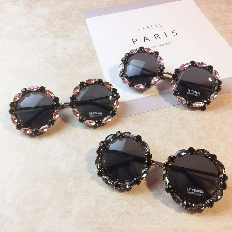 Luxury diamond crystal round sunglasses for women by HSF Marketplace, vintage-inspired big frame shades with UV400 protection.