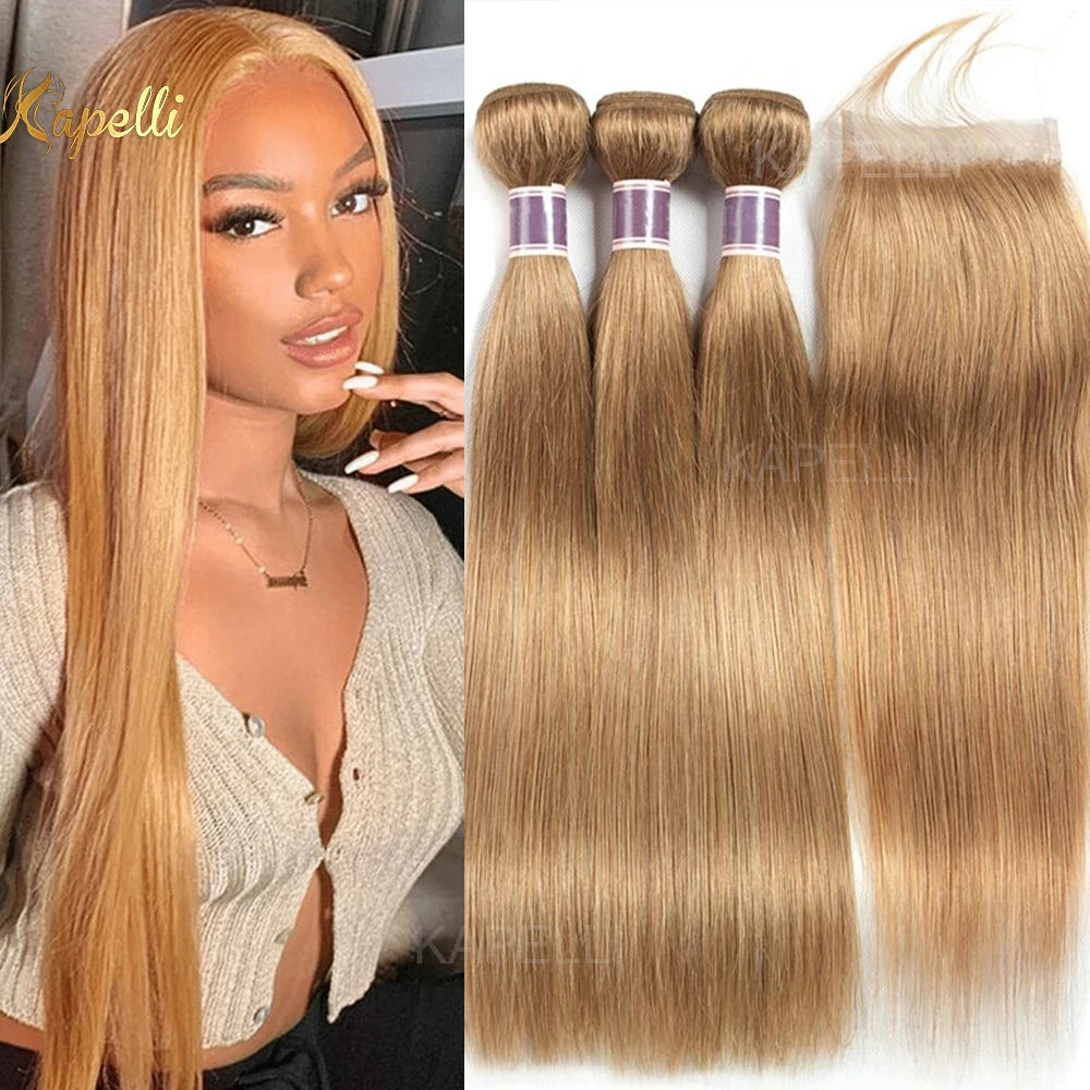 15A Silk Straight Bundles Human Hair and Closure #27 Honey Blonde Human Hair Bundles with Closure HD 4X4 Lace Pre Plucked