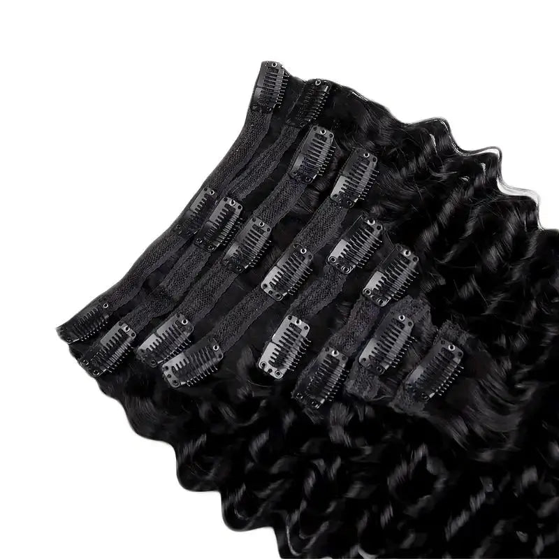 Brazilian Remy human hair deep wave clip-in extensions, 8-piece set, natural black, 10–26 inch, 120g