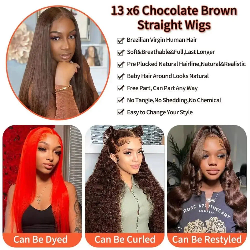 Long 46-inch straight chocolate brown human hair wig with 13x4 and 13x6 HD transparent lace frontal, 200% density, Remy hair.