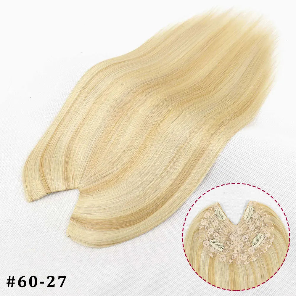 V-shape clip-in human hair extensions, straight Brazilian Remy hair topper in brown blonde highlights, 16 inch