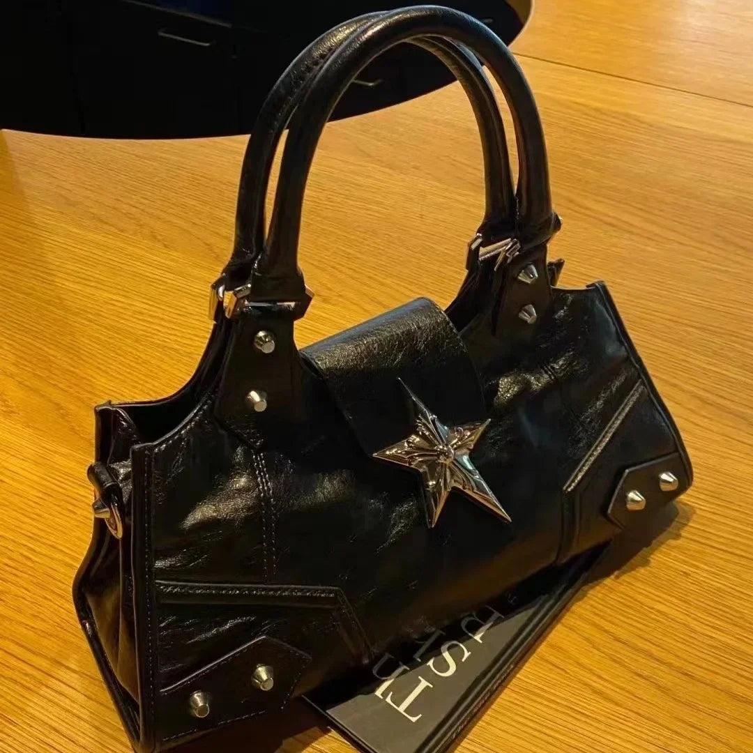 Black Y2K Korean Gothic star girl handbag with vintage fairy grunge style, shoulder tote purse with star embellishments.