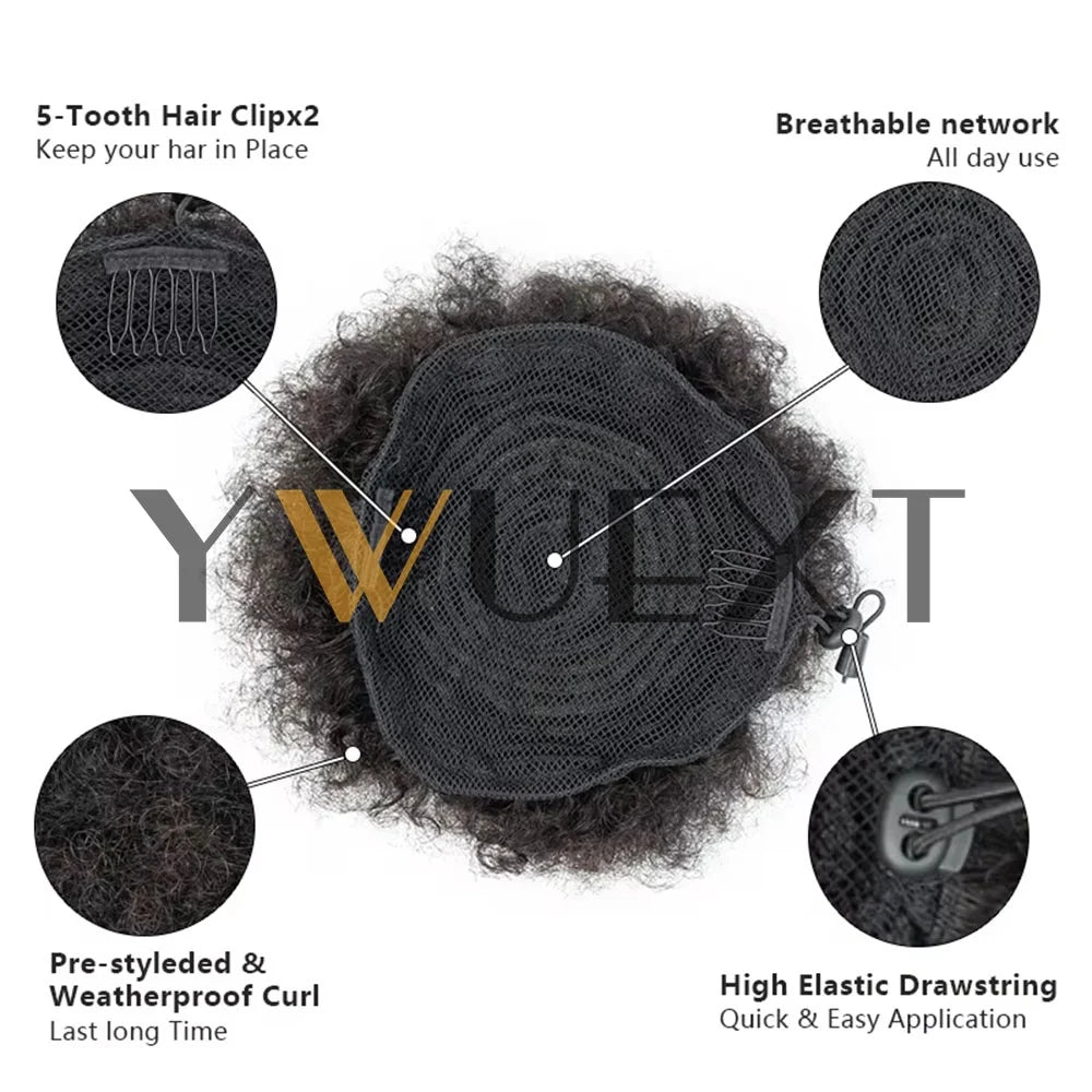 HSF Marketplace 4-6 inch human hair afro puff ponytail extension with kinky curly drawstring bun clip-in design
