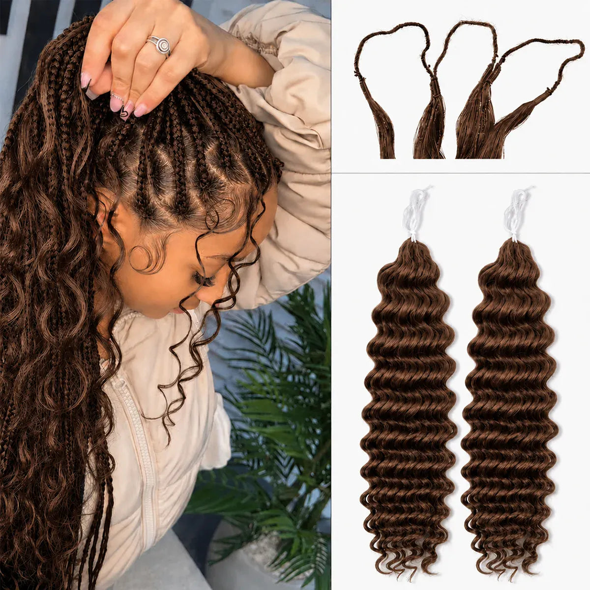Miracle Knots Chocolate Brown Deep Wave Crochet Human Hair Extensions Lightweight Pre Separated Feather Crochet Braiding Hair Knotless Boho Style