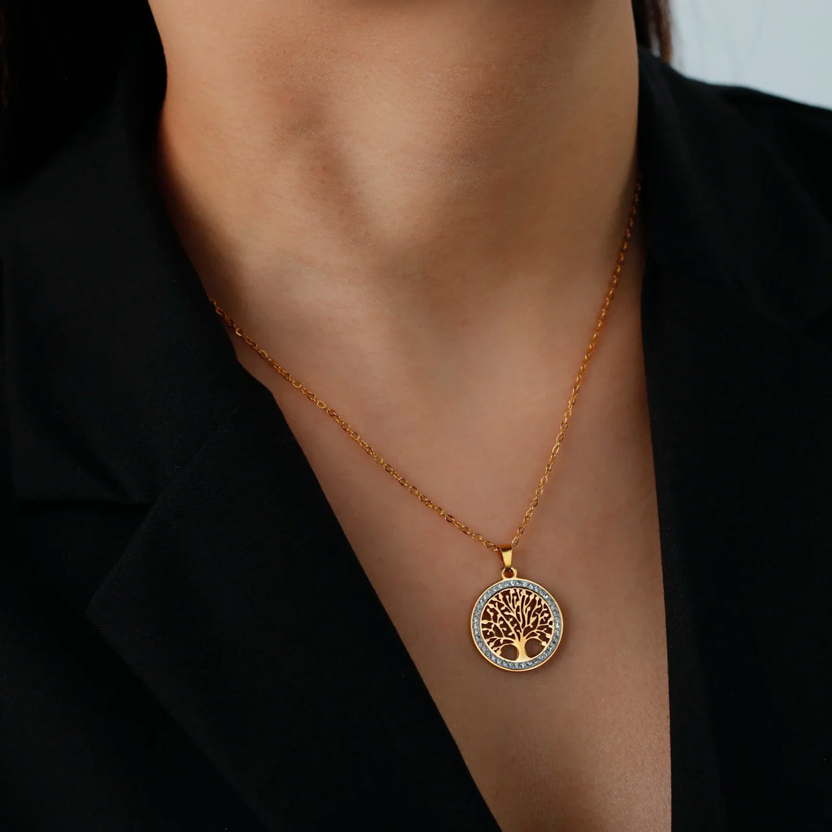 Stainless steel Tree of Life pendant necklace for women featuring AAA zircon border, hypoallergenic, waterproof, adjustable chain jewelry