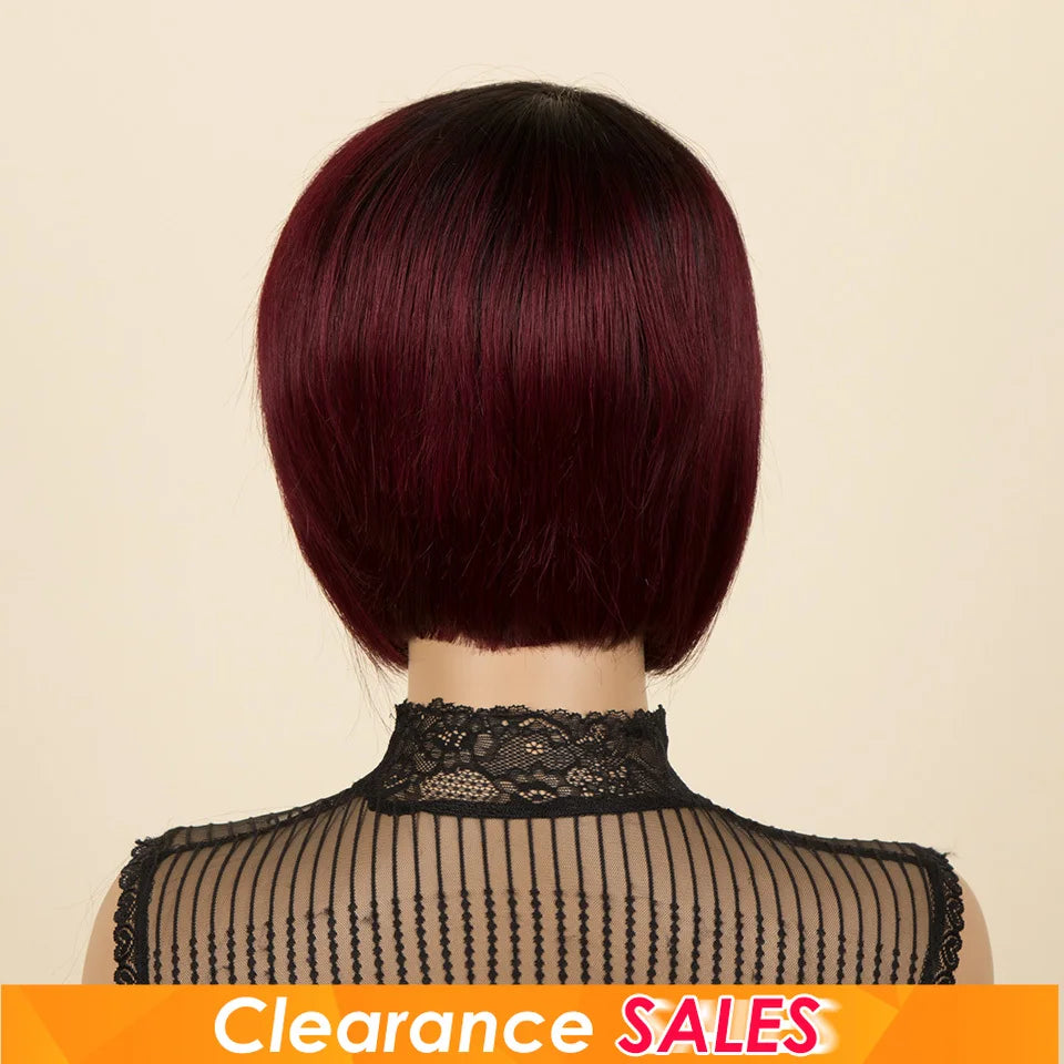 Burgundy 1B/99J short pixie cut human hair wig with side part, straight bob style, Brazilian Remy hair, full machine-made.