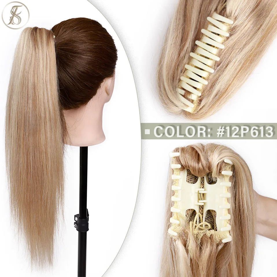 TESS Brazilian human hair claw clip ponytail extension, natural black to blonde, 14–22 inches