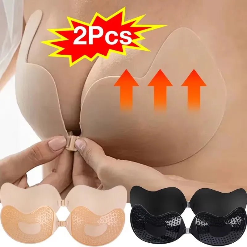 Invisible strapless adhesive push-up bra with seamless silicone nipple covers for women’s lingerie