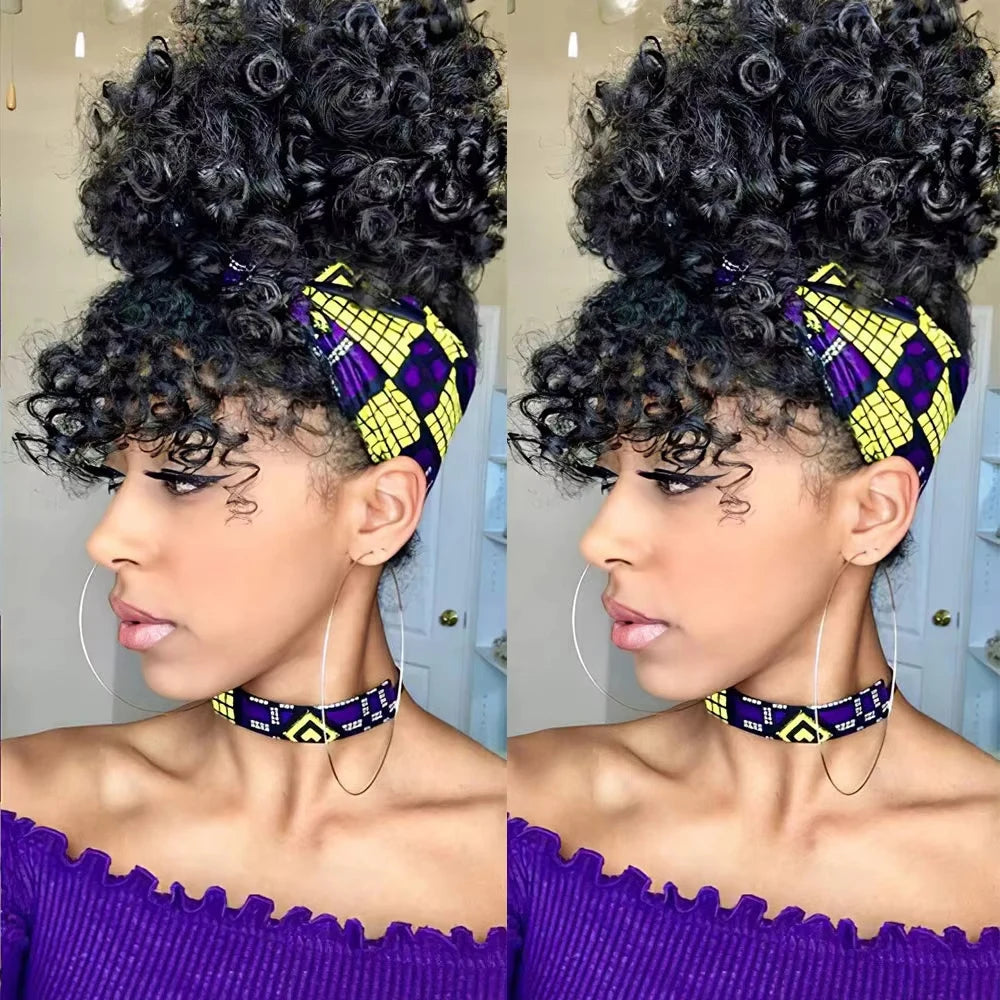 Afro puff drawstring ponytail with bangs, short kinky curly synthetic bun for Black women
