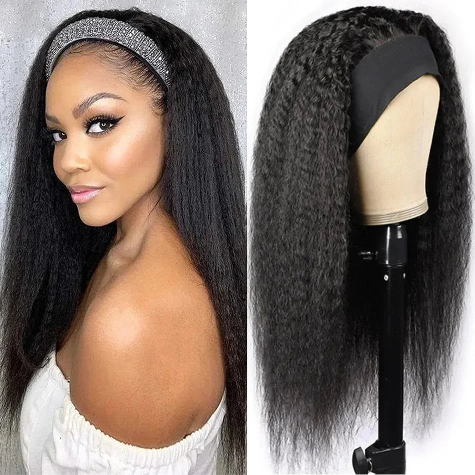 30-inch long thick kinky straight human hair headband wig, yaki texture, glueless full machine wig for women