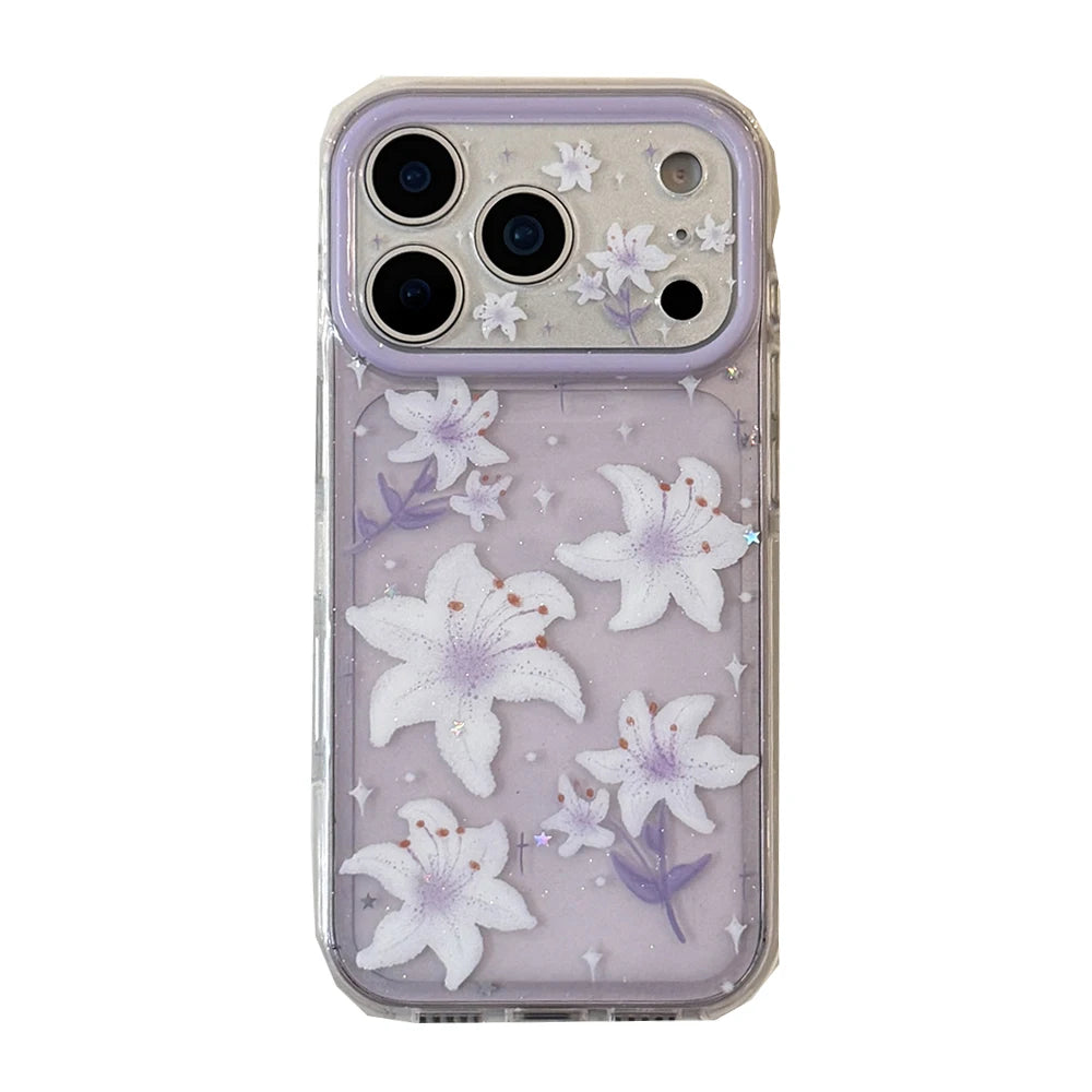 Glitter Lily Flower Shockproof Phone Case for iPhone 15-18 Models