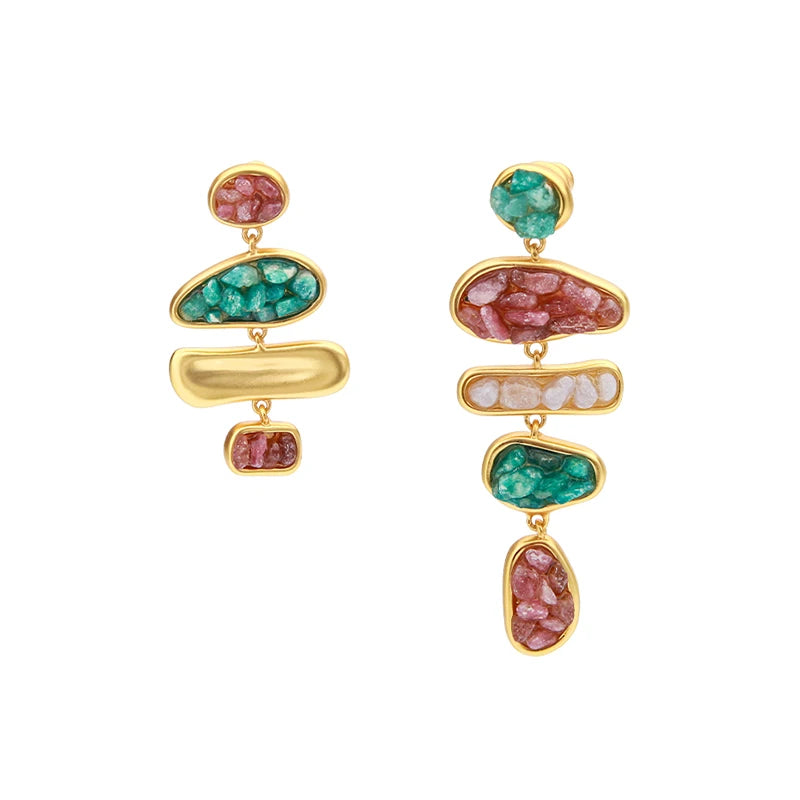 IVOG luxury asymmetric color stone drop earrings with irregular natural semi-precious stones and brass accents