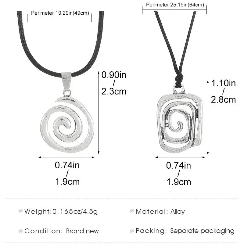 Vintage spiral vortex pendant necklace with hand-woven leather rope, boho goth jewelry for women, stylish Y2K fashion accessory