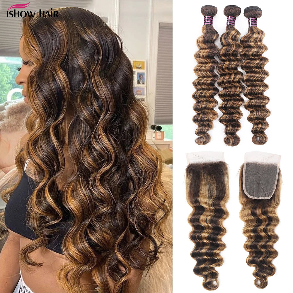Ishow Highlight Loose Deep Wave Bundles With Closure 4x4 Lace Closure With Bundles 100% Remy Human Hair Extensions For Women