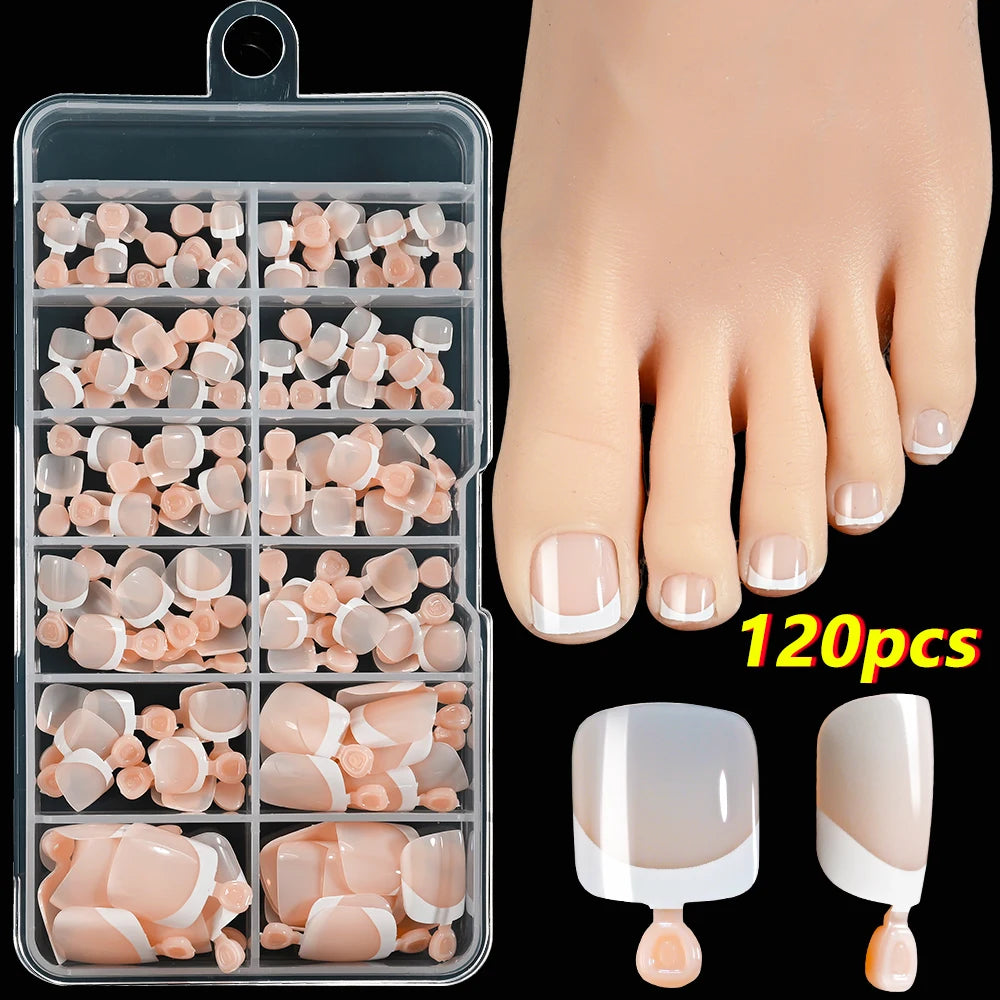 HSF Marketplace pink French tip press-on toenails, square short false nail set with glossy finish
