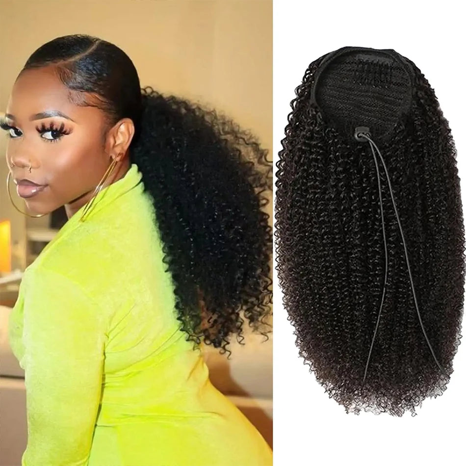 HSF Marketplace human hair kinky straight drawstring ponytail extension in yaki texture for Black women