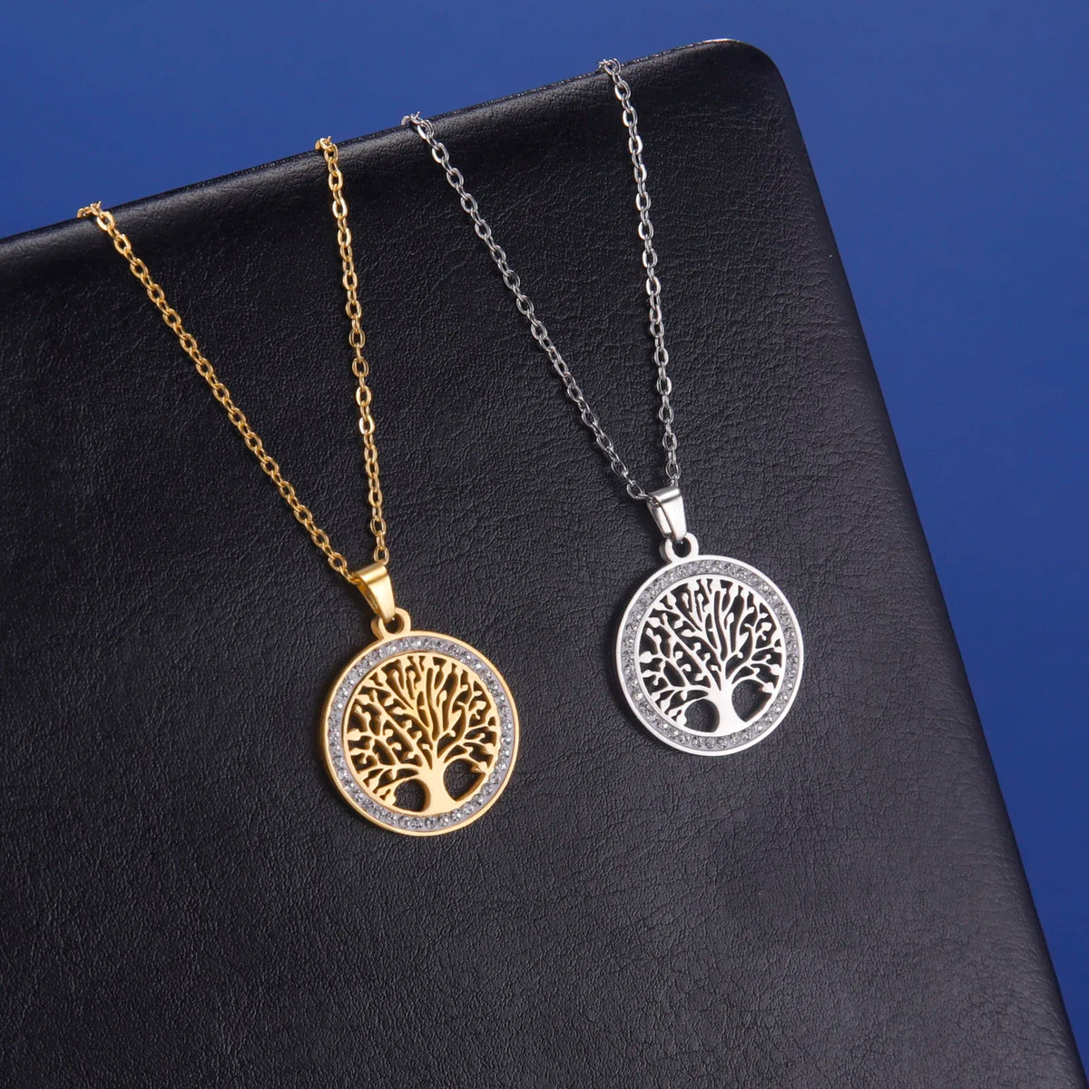 Stainless steel Tree of Life pendant necklace for women with AAA zircon border, adjustable chain, hypoallergenic, waterproof jewelry