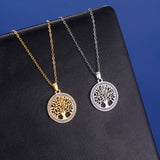 Stainless steel Tree of Life pendant necklace for women with AAA zircon border, adjustable chain, hypoallergenic, waterproof jewelry