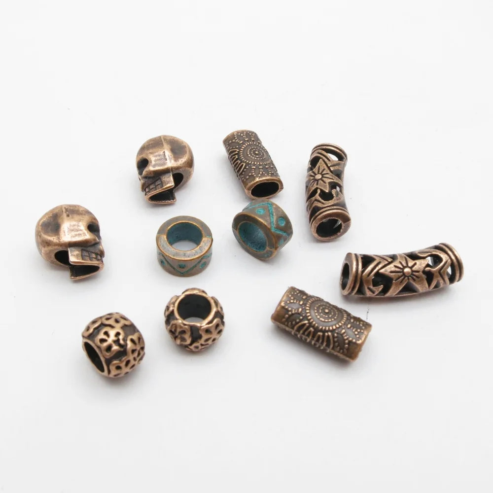 10pcs Red Copper Beads Hair Braid Dreadlock Beads Spacer Beads Skull Flower Patterned for Jewelry Making Supplies Accessories