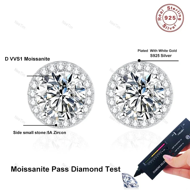 Moissanite stud earrings for women in sterling silver, elegant jewelry by HSF Marketplace