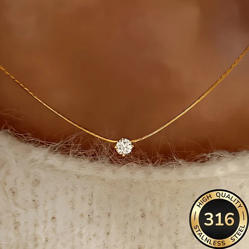 Waterproof hypoallergenic 316L stainless steel solitaire necklace with cubic zirconia, elegant fashion jewelry for women.