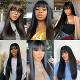 Straight human hair wig with bangs from HSF Marketplace, 100% Remy human hair, full machine-made, wear-and-go style for women.
