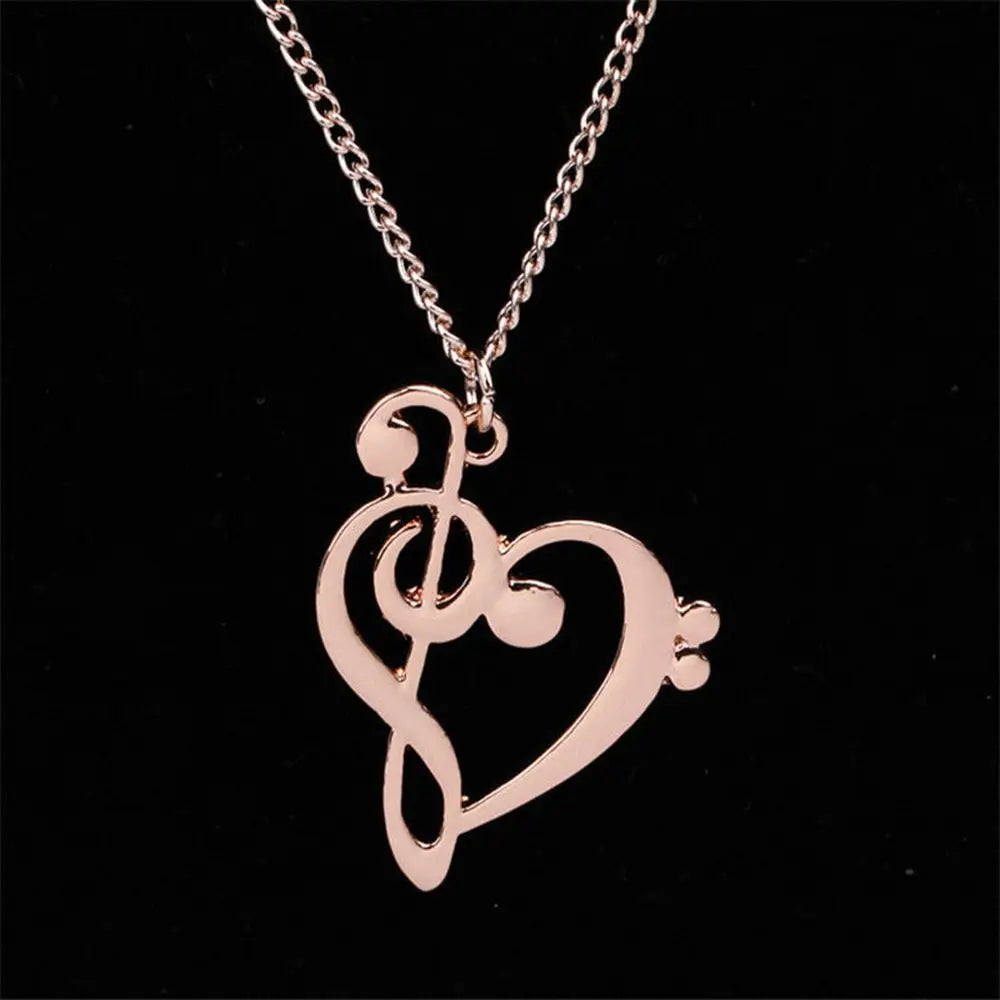 Stainless steel Music Note Heart Necklace featuring treble and bass clef charms, infinity love pendant, for women jewelry.