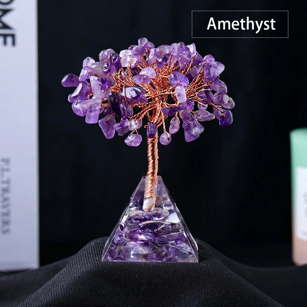 1pc Natural Crystal Tree Ornament Resin Pyramid Base Crystal Crushed Stone Fortune Tree Home Office Decoration Holiday Gift