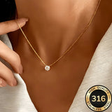 Waterproof hypoallergenic 316L stainless steel solitaire necklace with cubic zirconia, designed for women’s fashion jewelry.